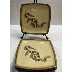 4 Clay Art Antique Olive Appetizer Salad Plates 8.5” Square Hand Painted - NEW